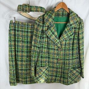 Vintage Doncaster Green Plaid Women's Blazer and Skirt Set